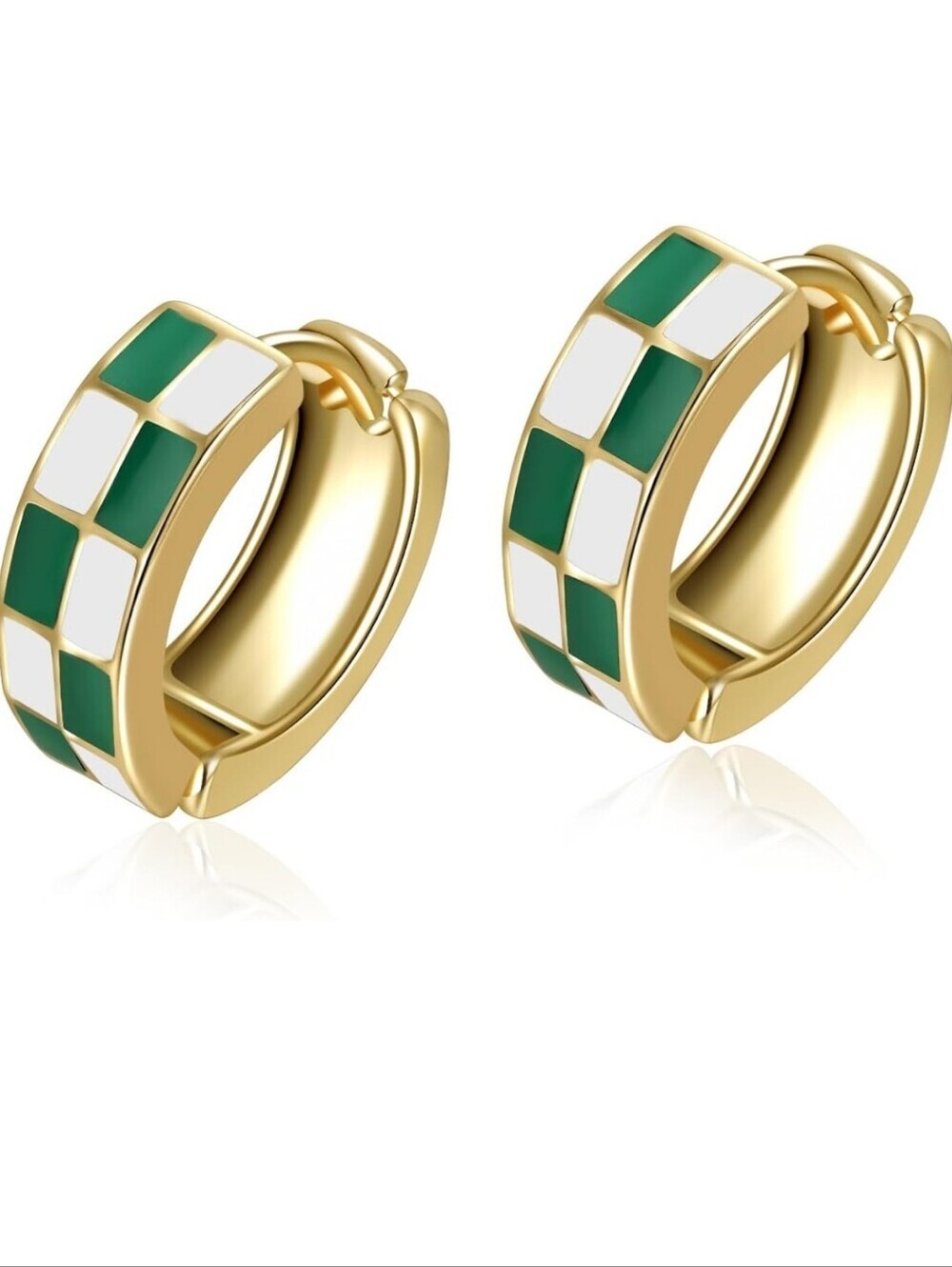 Gold Hoop Huggie Earrings with Green and White Enamel